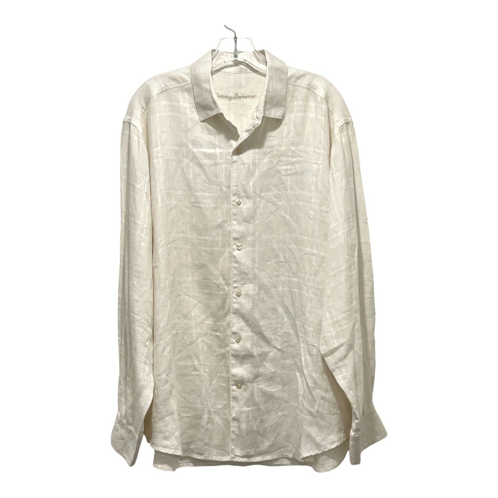 Tommy Bahama Excellent Pre-Owned Button Front Shirt Men L Ivory Linen Tonal Grid